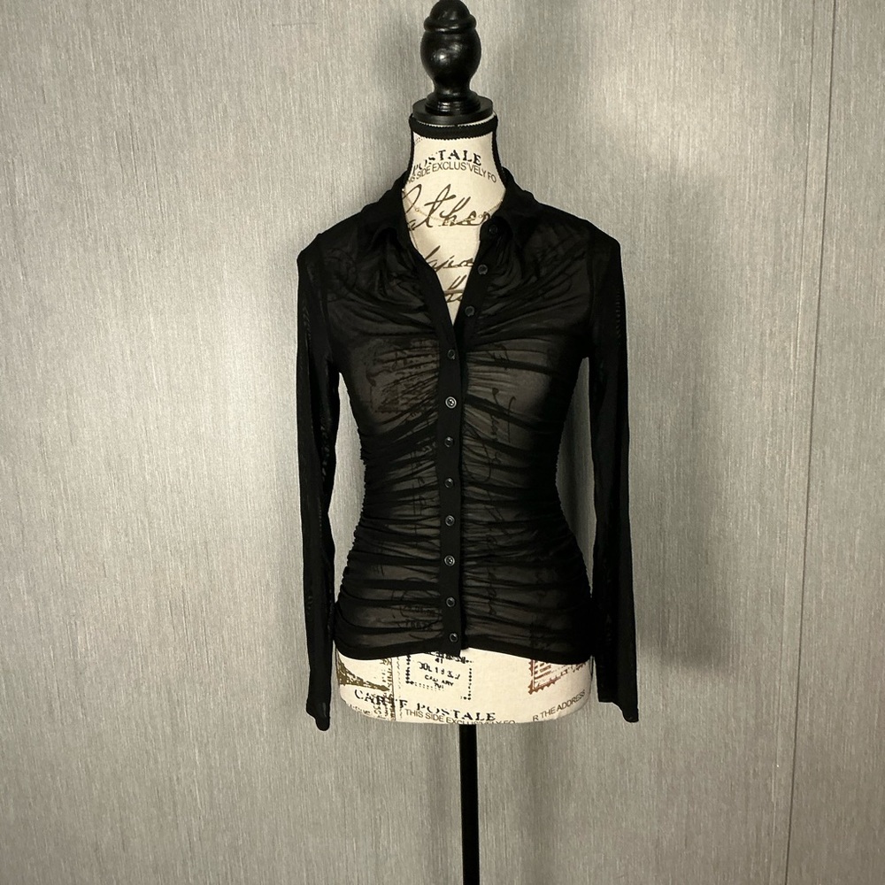 Express Sheer Black Ruched Button-Front Women's Top Size XS - Picture 2 of 12